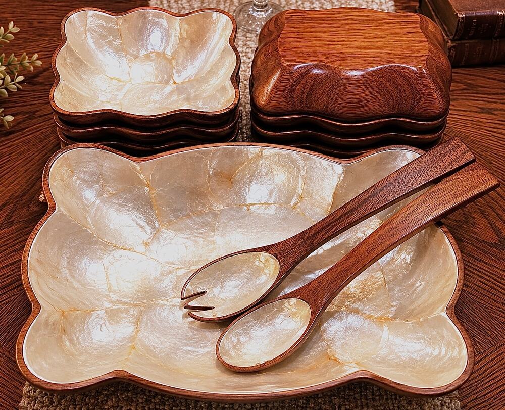 Capiz Shell Salad Bowl Set with Utensils - Made in the Philippines